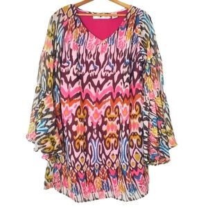 Rancho Estancia Women's Colorful Patterned Bell‎ Sleeve Popover Tunic Top